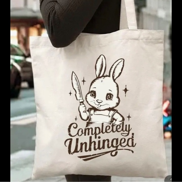 Canvas Tote Bag Completely Unhinged’ Psycho Bunny Rabbit Fun Sarcastic Gift - Picture 1 of 5